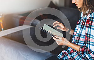 Hipster girl working tablet technology, workplace at home, isolation person holding computer with blank screen,  female hands text