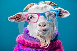 Hipster Goat with Chic Blue Glasses Knit Scarf