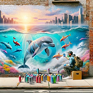 Hipster Graffiti Artist Dolphin Mural Painting Ocean Scene Brick Wall Vintage City Building AI Generated