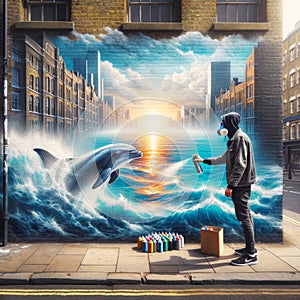 Hipster Graffiti Artist Dolphin Mural Painting Ocean Scene Brick Wall Vintage City Building AI Generated