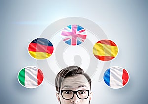 Hipster guy and country flags