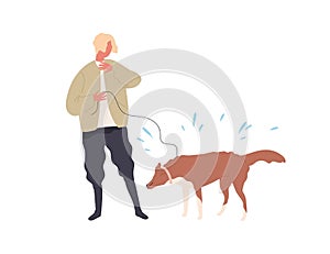 Hipster guy hiding from drops of dogs shaking wet wool vector flat illustration. Male owner and dog walking outdoor at