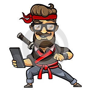 Hipster guy in a ninja costume. Isolated