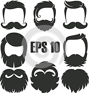 Hipster hair and beards, fashion vector illustration set