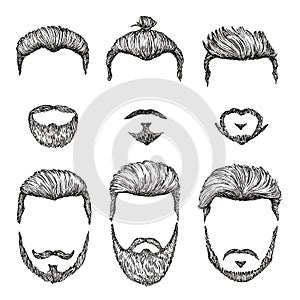 Hipster haircut. Hand drawn vintage hair styles. Isolated man beards and moustache models. Creative fashionable male