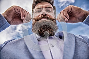 Hipster handsome attractive guy close up. Expert tips for growing and maintaining moustache. Man bearded hipster