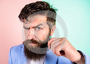 Hipster handsome attractive guy with long beard. Ultimate moustache grooming guide. Barber tips growing moustache. Man