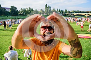 Hipster happy celebrate event picnic fest or festival. Urban event celebration. Cheerful fan love summer fest. Man