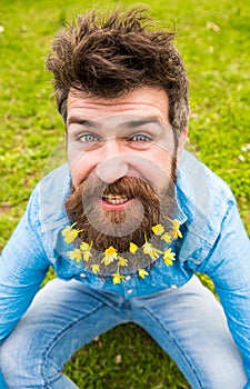Hipster on happy face sits on grass, defocused. Man with beard enjoys spring, green meadow background. Guy with lesser
