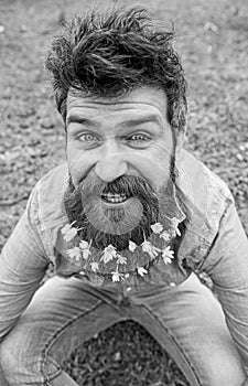 Hipster on happy face sits on grass, defocused. Man with beard enjoys spring, green meadow background. Guy with lesser