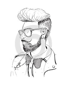 Hipster head with beard, sunglasses. Silhouette man fashion, retro, vintage style on white background.