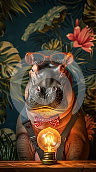 Hipster hippo in suspenders