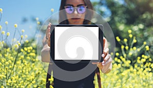 Hipster holding in hands tablet computer. Girl traveler with sunglasses using gadget on sun flare and yellow flowers background