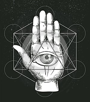 Hipster illustration with sacred geometry, hand, and all seeing eye symbol inside triangle pyramid. Masonic symbol.