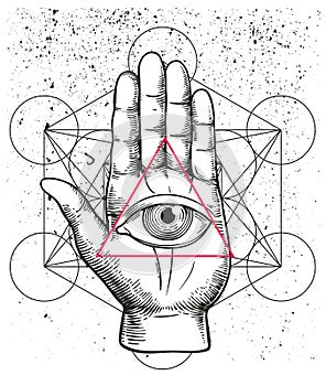 Hipster illustration with sacred geometry, hand, and all seeing eye symbol nside triangle pyramid. Eye of Providence. Masonic