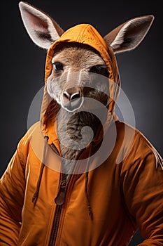 Hipster kangaroo in orange hoodie