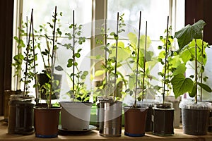 Hipster lifestyle kitchen-garden growing fresh organic vegetables in windowlight planted in many different reused pots