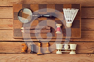 Hipster lifestyle. Vintage and modern objects collection. View from top