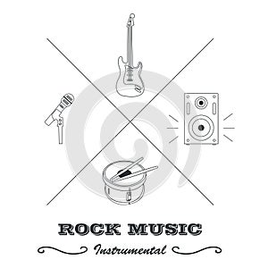 Hipster logo or label for musical instruments: guitar, drum with sticks, microphone, speaker with text