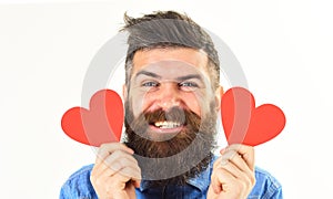 Hipster in love celebrates valentines day with valentine cards