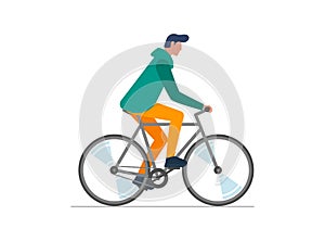 Hipster male riding bike. Young man cyclist isolated on white background. Stylish guy on bicycle vector illustration