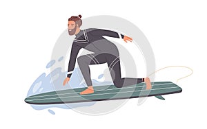 Hipster male surfer in wetsuit standing one knee on surfboard riding at wave vector flat illustration. Professional