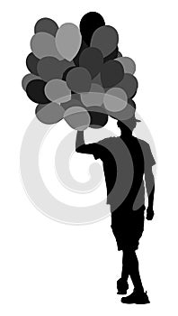 Hipster man with balloons silhouette. Boy walking with balloons.Celebration event. Animator on children`s birthday.