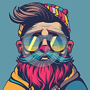 Hipster man with beard and sunglasses. Vector illustration in vintage style.