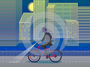 Hipster man cycling his fixie bike. Night city. Design Character. Vector illustration