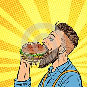 Hipster man eating Burger