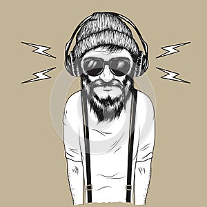 Hipster man listening to music vector illustration