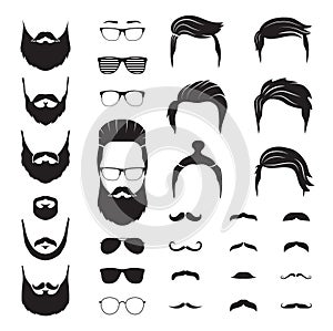 Hipster man. Male beard, mustache hair. Isolated man face with glasses. Fashion barber shop icons. Portrait constructor