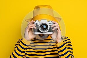 Hipster man portrait camera art background photo lifestyle yellow photograph shoot studio