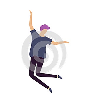 Hipster Man with Purple Hair Happily Jump in Dance