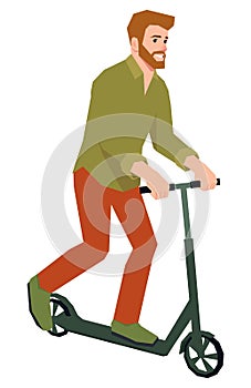 Hipster man rides a kick scooter