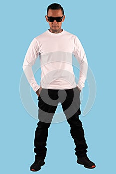 Hipster man with wearing white long sleeve t shirt ready for your mock up template or background.