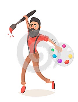 Hipster men with big paint brush and palette. Jumping. Creative thinking. Concept idea. Designer. Cartoon style