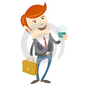 Hipster office man holding coffee and brief case. Flat style