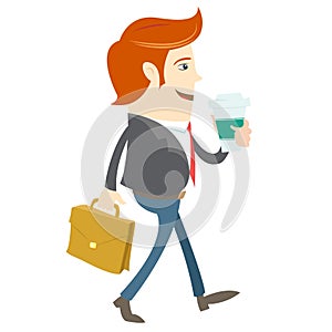 Hipster office man walking and holding coffee and brief case. Fl