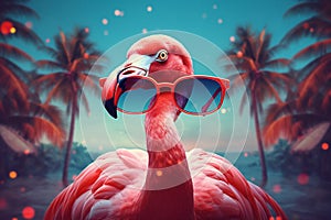 hipster party animal tropical pink summer feather flamingo sunglasses bird. Generative AI.