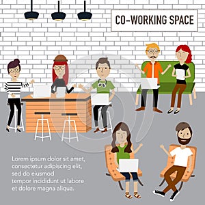 Hipster people working in the co-working space infographics