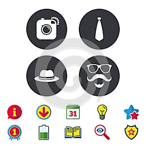 Hipster photo camera icon. Glasses symbol.