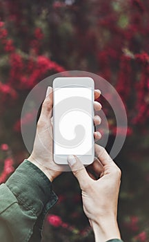 Hipster photographing on smartphone or technology, mock up of blank screen. Girl using cellphone on red flowers background. Hands