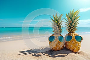 Hipster pineapples couple with sunglasses on a sandy at tropical beach. empty space, banner