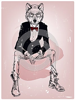 Hipster portrait of wolf with glasses photo