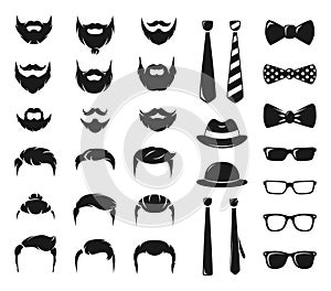 Hipster portraits creation kit. Monochrome constructor with male moustache, beard and haircut