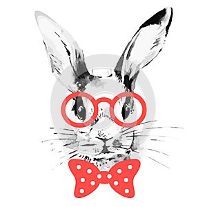 Hipster rabbit. Hand drawn watercolor sketch portrait