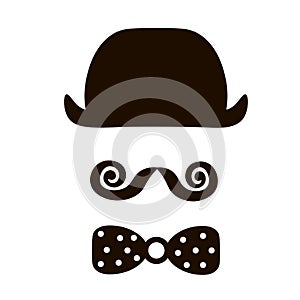 Hipster Retro Vintage Vector Icon. gentleman with the hat, mustache and bowtie