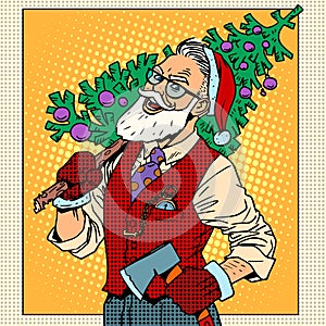 Hipster Santa Claus with Christmas tree