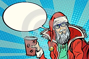 Hipster Santa Claus with coffee says